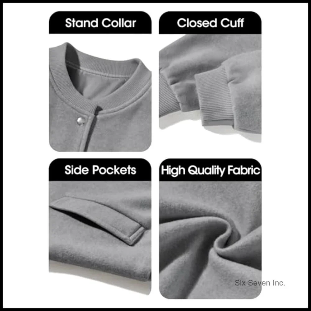 Cropped Bomber Jacket Wool Blend Varsity Pea Coat Long Sleeve Button Casual - Picture 5 of 7